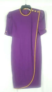 Vintage David Warren Purple Yellow Trim Buttons Sheath Dress Mid Length Large - Picture 1 of 12