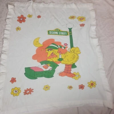 Vtg Sesame Street Muppets big Little Bird Thermal Waffle Knit Blanket Satin Trim - Image 1 of 4