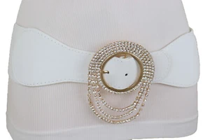 Women White Faux Leather Strap Stretch Edgy Fashion Belt Gold Round Buckle S M - Picture 1 of 12