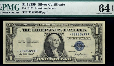 $1 1935F SILVER CERTIFICATE Fr# 1615* PMG CHOICE CU 64 EPQ "STAR" NOTE, BRIGHT - Image 1 of 2