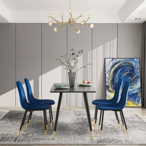Blue Velvet Tufted Accent Chairs with Golden Color Metal Legs  Set of 4 Cover