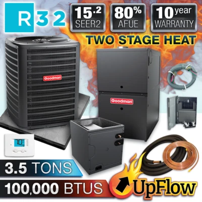 Goodman 3,5 т 15,2 SEER2 AC и 80% 100 КБТЕ 2-ступенчатая газовая печь система, восходящий поток - Изображение 1 из 4