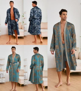 UK Mens Satin Kimono Bathrobe Robe Shorts Set Dressing Gown Sleepwear Loungewear - Picture 1 of 12