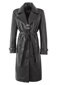 Women's Oversized Trench Coat Black Leather Lapel Collar Knee Length Coat Jacket - Picture 1 of 5