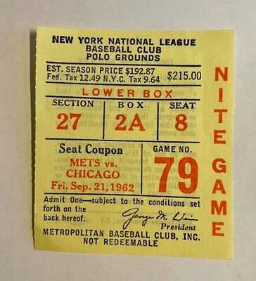 Ticket Polo Grounds New York Mets WON vs the Chicago Cubs September 21, 1962 - Image 1 of 2