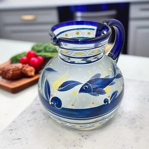 Mexican Art Glass Hand Blown Painted Pitcher Blue Fish Floral Theme Large Jug - Picture 1 of 16