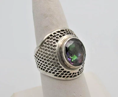 Anillo Banda Plata Esterlina De Colección 7/8" Ancho Ovalado Topacio Místico Trabajo Abierto Talla 8 6.1gr Foto 1 de 4