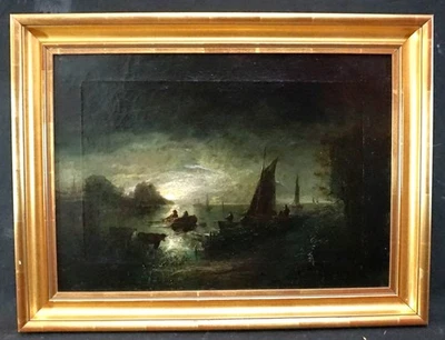 19th Century MOONLIT RIVER SCENE FIGURES & SAILBOAT Antique Oil Painting PETHER - Image 1 of 4