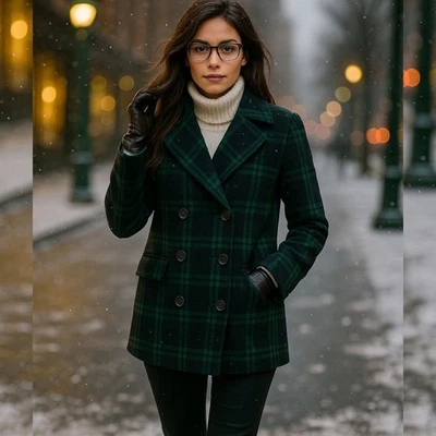 Old Navy Women’s Small Wool Blend Plaid Peacoat Green Black Double Breasted Coat - Image 1 of 4