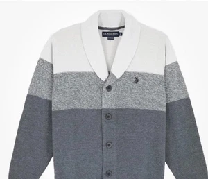 US Polo Assn. Men’s Sz Large Gray Knit Shawl Collar Button Up Cardigan Sweater - Picture 1 of 5