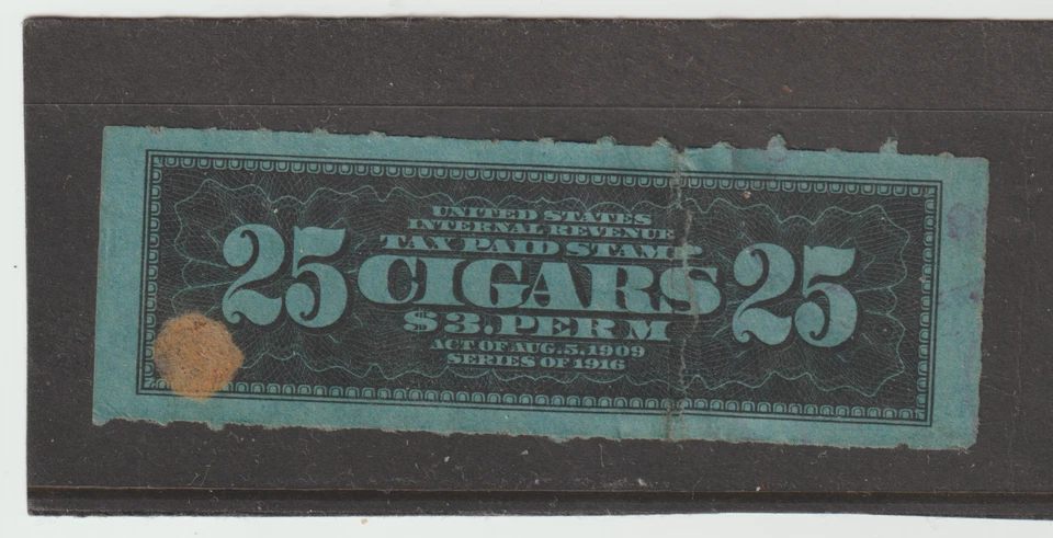 US Tobacco 25 Cigars Tax Paid Internal Revenue Stamp Series 1916 repaired tear - Image 1 of 1