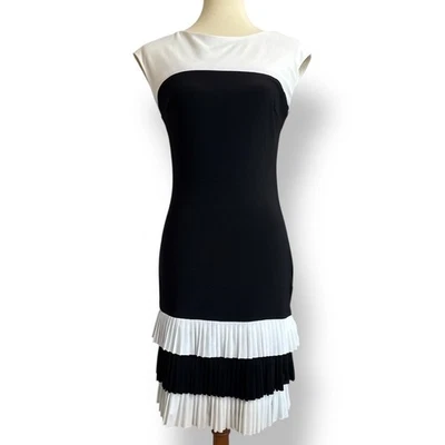 Vestido Frank Lyman Diseño Blanco Negro Plisado Dobladillo Manga Gorra Talla 8 Foto 1 de 4
