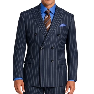 VINCI Men's Navy Pinstripe Double-Breasted Reg-Fit Suit w/ Adj Waist - NEW - Picture 1 of 5