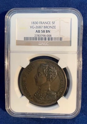 FRANCE HENRI V  "PRETENDER" 1830  5 FRANCS BRONZE COIN, NGC CERTIFIED AU58 - Image 1 of 4