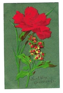 Postal de cumpleaños de principios de 1900, verdes, rosas rojas - Imagen 1 de 2