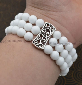 3 Rows 8mm Porcelain Round Gemstone Beads Stretch Tibetan Silver Bracelet 7.5'' - Picture 1 of 3