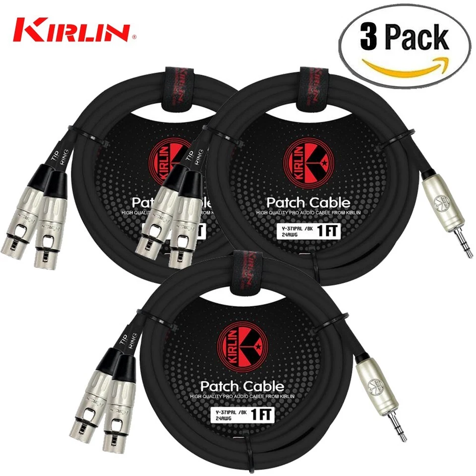 PACK de 3 Kirlin 1 ft 3,5 mm TRS - Cable en Y doble XLR hembra sin ruido Y-371 PRL-01/BK Foto 1 de 1