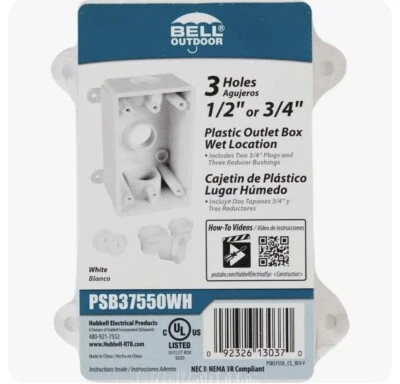 Bell Single Gang 1/2 In.,3/4 In. 3-Outlet White PVC Weatherproof Outdoor Outlet - Image 1 of 3