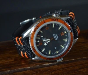 CORREA RELOJ 22 20 18 MM NEGRO NARANJA GENUINA PIEL PEZ RAYA HECHA MANO MA STRAP - Imagen 1 de 12