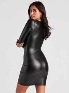 Black Matte Leather Mini Dress Women Bodycon PU Long Sleeve Dress Party Sexy - Picture 1 of 11