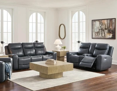 Juego de sofá reclinable eléctrico y reposacabezas de cuero de grano superior GENUINO 2 PIEZAS gris azul Foto 1 de 4