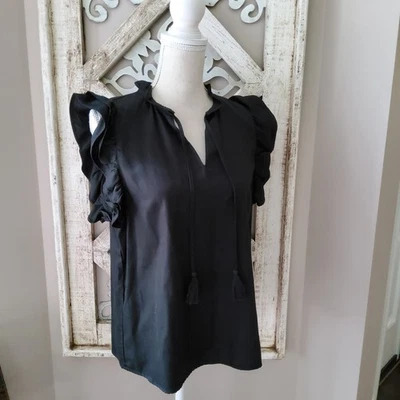 Nanette Lepore Women's Flutter Sleeve Ruffle Neck V-Neck Pullover Top in Black - Image 1 of 4