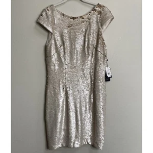 NWT Adrianna Papell Beige Champagne Gold Two-Tone Sequin Mini Dress Size 12 - Picture 1 of 12