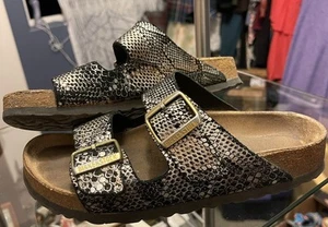 BIRKENSTOCK Arizona BLACK/GOLD Nubuck Snakeskin SANDALS 37 6.5/7 Metallic VGC - Picture 1 of 5
