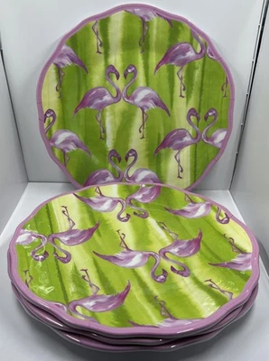 Cynthia Rowley Flamingo Scalloped 10.5” Melamine Dinner Plates Pink/Green Qty 4 - Image 1 of 4