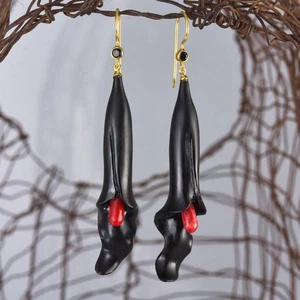 Carved Black Horn Flower Earrings Red Coral Spinel Gold Vermeil Sterling 7.82g - Picture 1 of 14