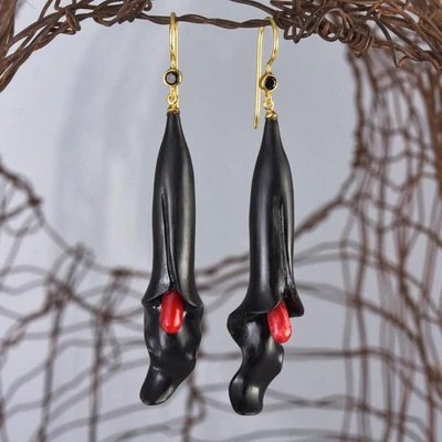 Carved Black Horn Flower Earrings Red Coral Spinel Gold Vermeil Sterling 7.82g - Image 1 of 4