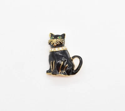 Broche Gato Negro Monet Esmalte Oro-P Borde Estrás Cuello Ojos Verdes Gatito Prendedor Foto 1 de 4
