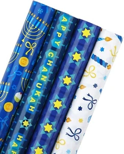 Jumbo Hanukkah Wrapping Paper Roll Menorahs, the Star of David, Candles 30X120'' - Picture 1 of 2