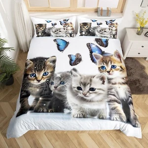 Cats Kids Bedding Set Cute Kitten Pattern Comforter Cover for Girls Boys Wome... - Picture 1 of 6