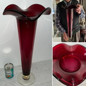 HUGE ANTIQUE VICTORIAN STOURBRIDGE RUBY EPERGNE GLASS VASE WAVY COLLAR 23” 2 of2 - Picture 1 of 14