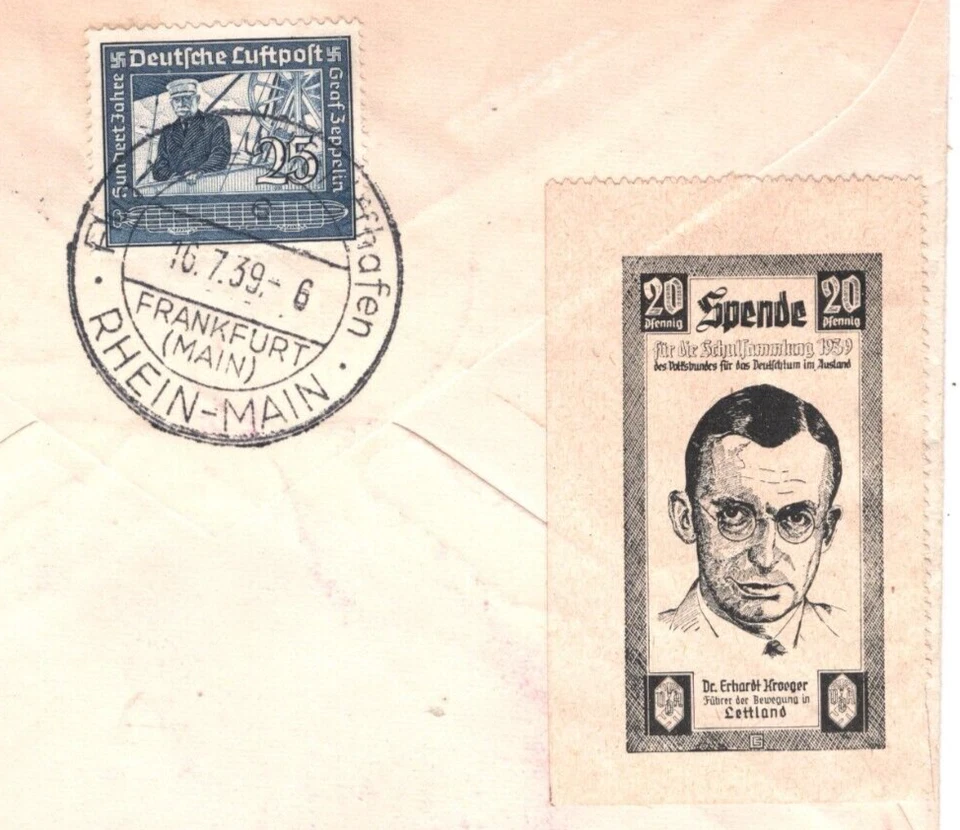 GERMANY Cover ZEPPELIN Air Mail 1939 Cover Frankfurt *Spende* 20pf LABEL MA1519 - Image 1 of 4