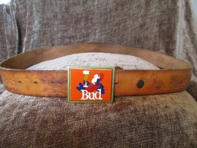 Men's Vintage Budweiser Tooled Clydesdales Leather Belt and Buckle" Bud Man "48" - Image 1 of 4