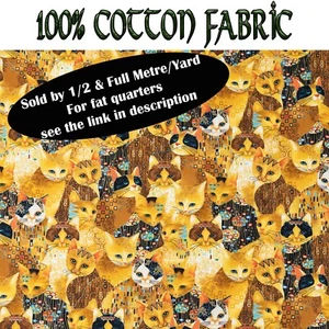 Bejeweled Cat 100% Cotton Fabric Inspired by Gustav Klimt Golden Tears - Picture 1 of 4