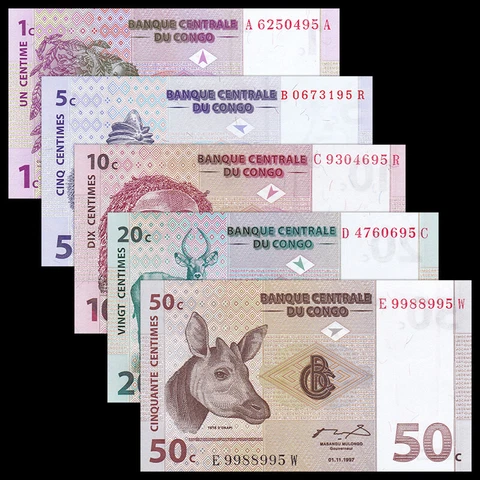 Set 5 PCS, Congo Democratic Republic 1 5 10 20 50 Cents, 1997, P80-84, UNC Cover