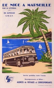 PÓSTER DE COLECCIÓN EUROPA AUTOBÚS AUTOCAR SNCF DE BONITO A MARSEILLE 1950 - Imagen 1 de 1