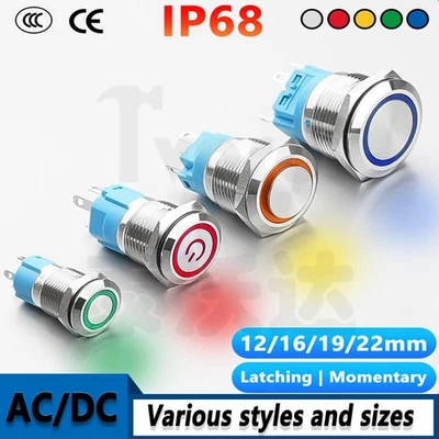 12/16/19/22mm Metal Push Button Switch Momentary Latching On/Off LED Lamp 3-220V - Image 1 of 4