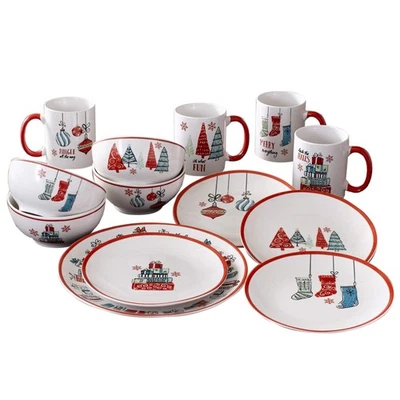 Holiday Christmas Round Dinnerware Set – 16-Piece Stoneware Party Collection ... - Image 1 of 2