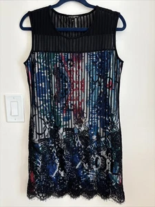 Alberto Makali Women's Floral Overlay Lace Sleeeveless Shift Dress Size M Black - Picture 1 of 6