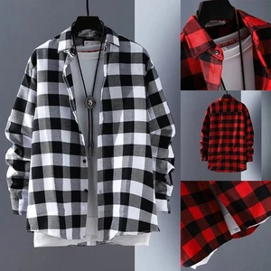 Casual Work Baggy Coat Lapel Tops for Men's Checkered Button Down Shirts - Picture 1 of 23
