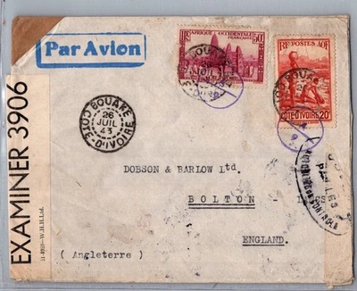FRANCE 1943 COTE D'IVOIRE WWII POSTAL DUAL CENSORED COVER ADDR ENGLAND POSTMARK - Image 1 of 2