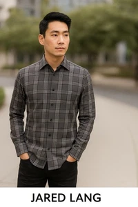 Jared Lang Men’s Plaid Button-Up Shirt – Black & White Check Pattern, Modern Fit - Picture 1 of 8