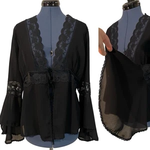 VTG Black Sheer Lace Trim Tie Front Bell Sleeve Top Whimsigoth Y2K Boho Fairy XL - Picture 1 of 15