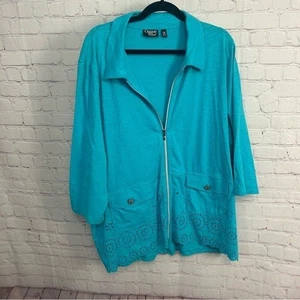 Onque Casual size 2X plus full zip turquoise eyelet cut ladies jacket grannycore - Picture 1 of 5
