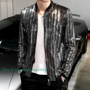 New Sequined Jacket Men Shiny Sequins Long Sleeve Glitter Zipper Coat New - Picture 1 of 17