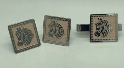 Vintage Swank Arabian Carousel Horse Head Square Cufflink Tie Clip Set Pink - Image 1 of 4